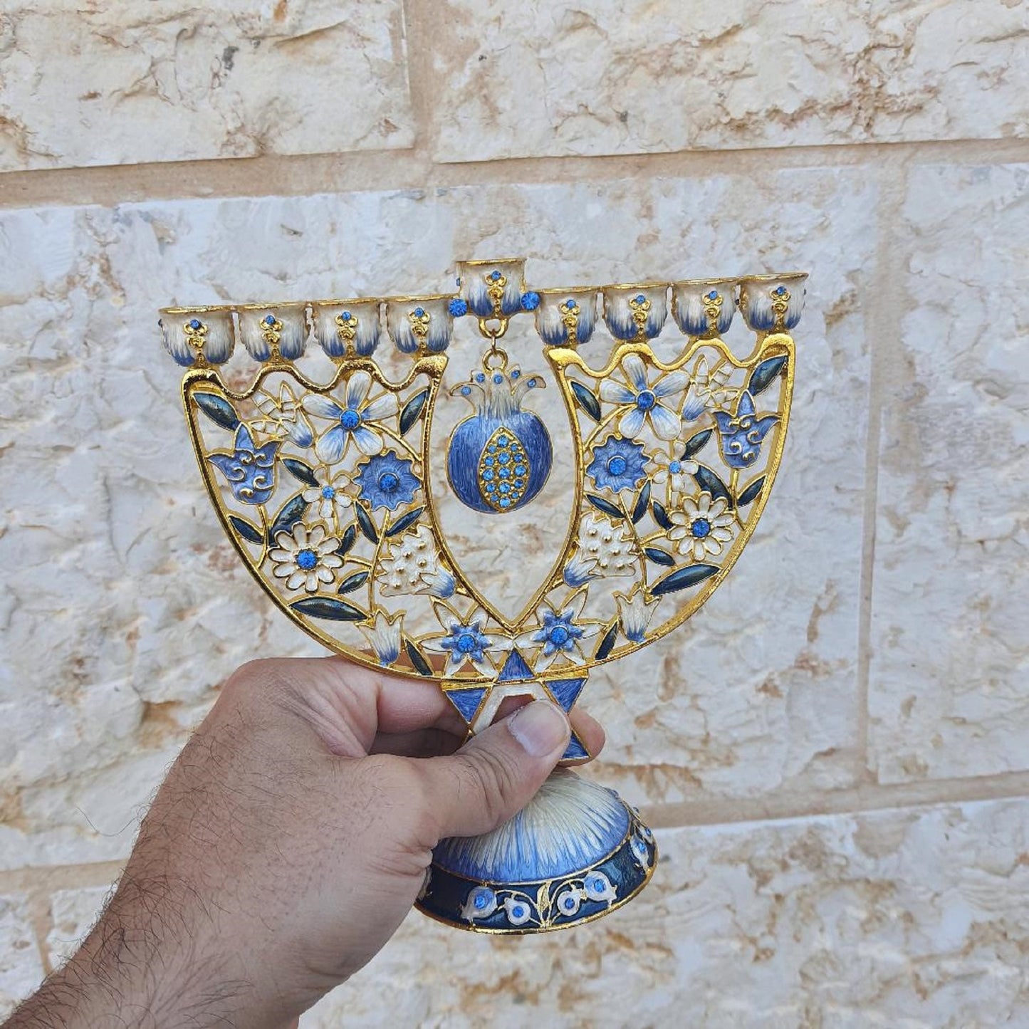 Hanukkah Menorah -  Jewish Chanukkiha 6.3  Inch Height Decorated With Enamel