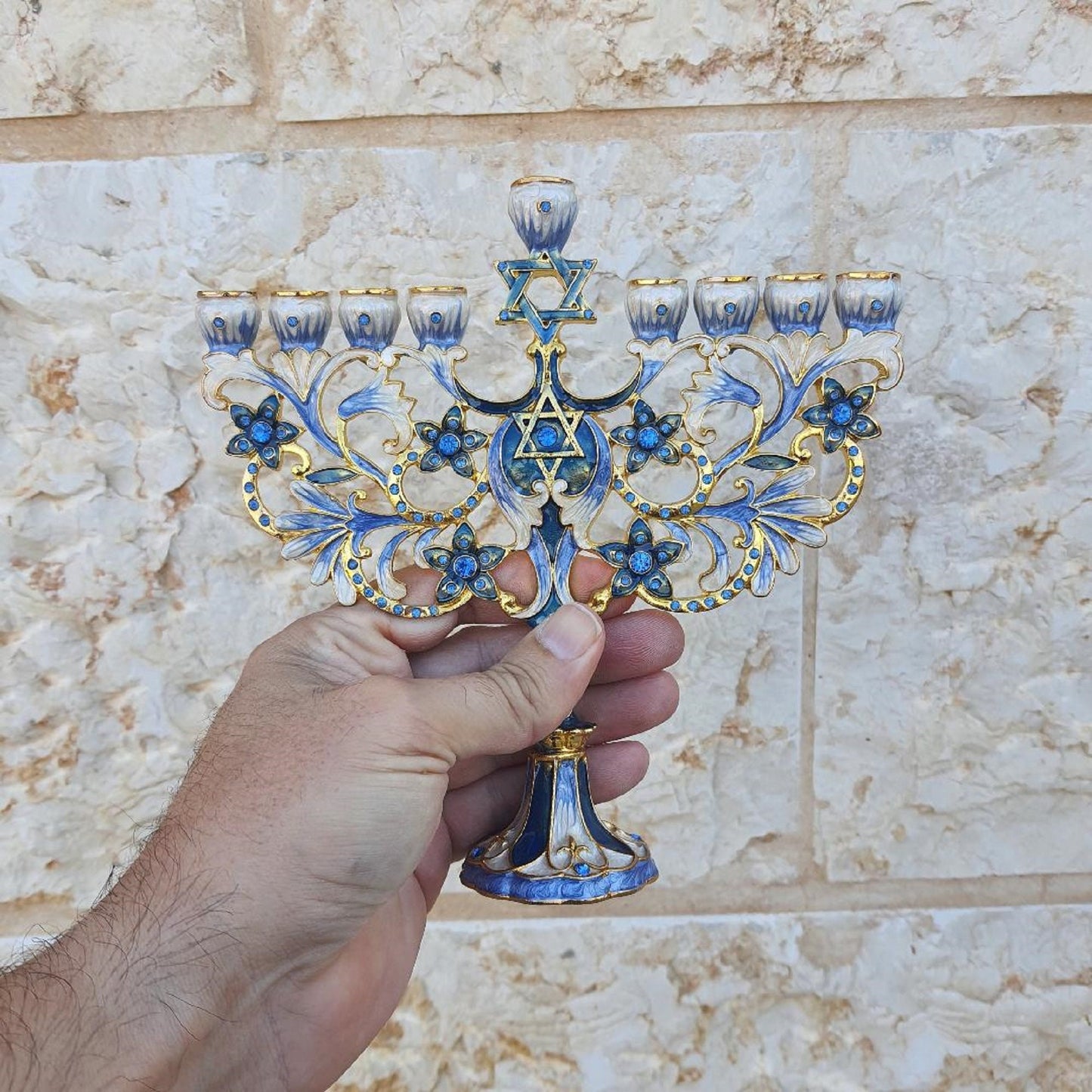 Hanukkah Menorah -  Jewish Chanukkiha 7 Inch Height Decorated With Enamel