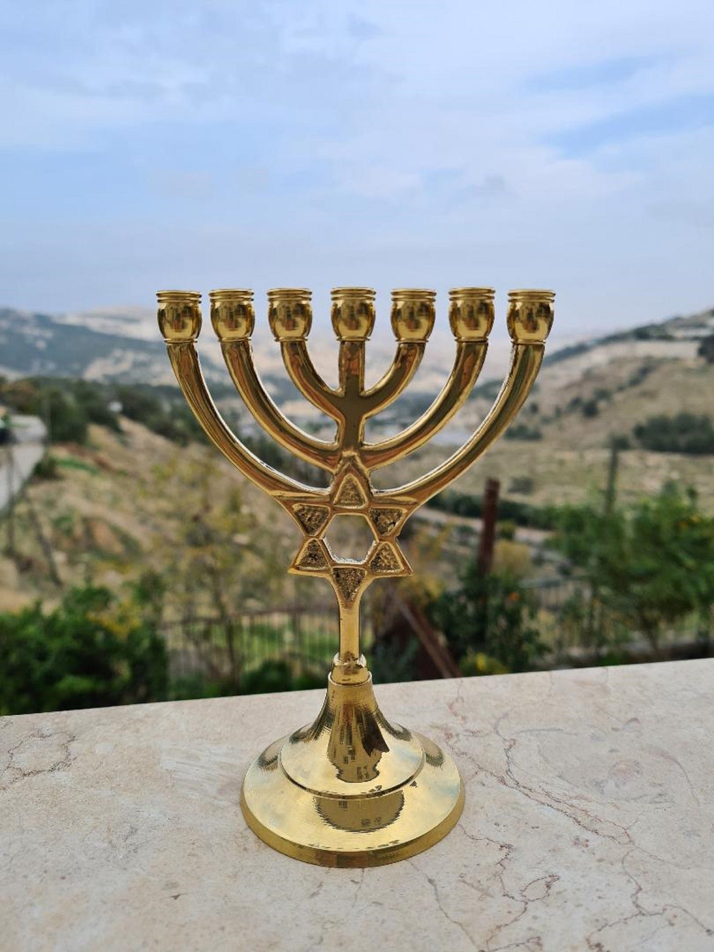 Seven Branch Menorah Candle Holder Design With Star of David  5.7 Height Made Of Brass / Copper