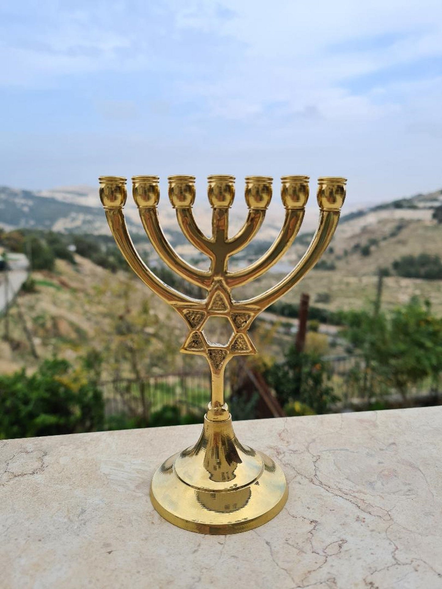 Seven Branch Menorah Candle Holder Design With Star of David  5.7 Height Made Of Brass / Copper