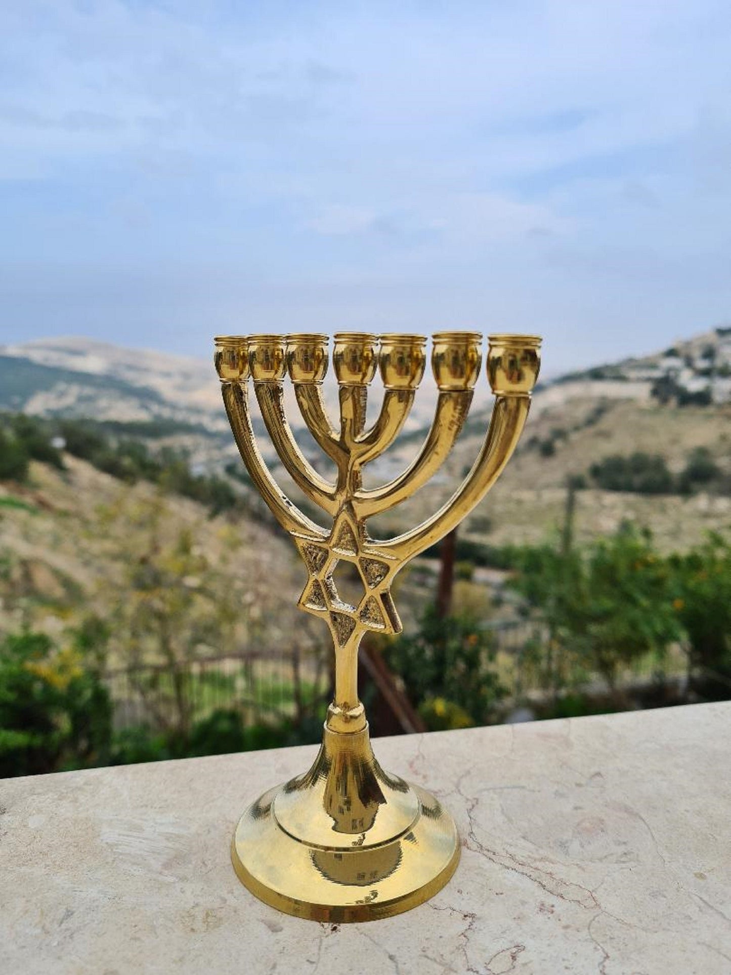 Seven Branch Menorah Candle Holder Design With Star of David  5.7 Height Made Of Brass / Copper