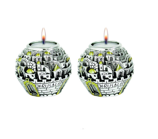 Jerusalem Balls Shabbat Candle Holders Silver Plated Pair Of 2 Candle Holders