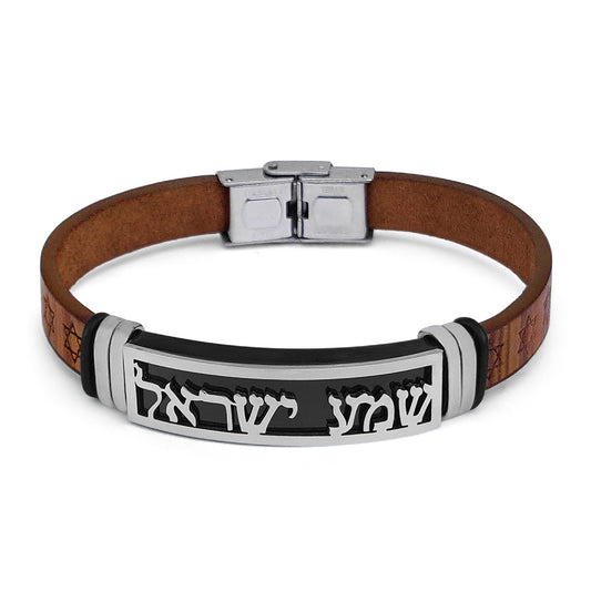 Shema Israel Hebrew Prayer Genuine Leather Bracelet With Star Of David, **FAST shipping in USA 2-5**