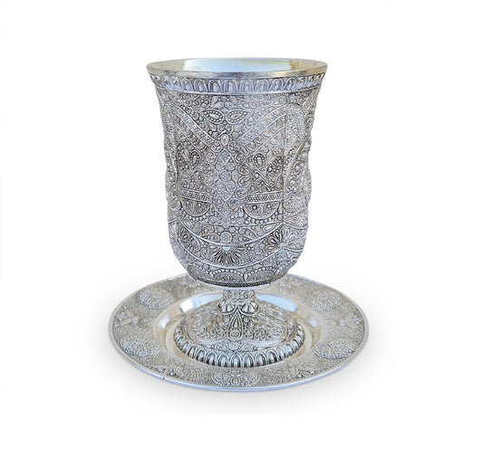 Kiddush Cup Goblet  Silver Plated & Plate Filigree Design