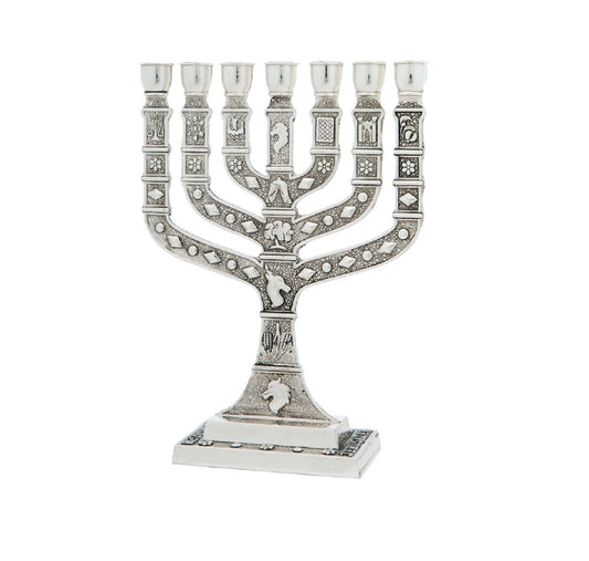 Seven Branch Menorah Candles Holder 10 Inches Height Decorated With 12 Signs Of Israel Tribes Silver Color