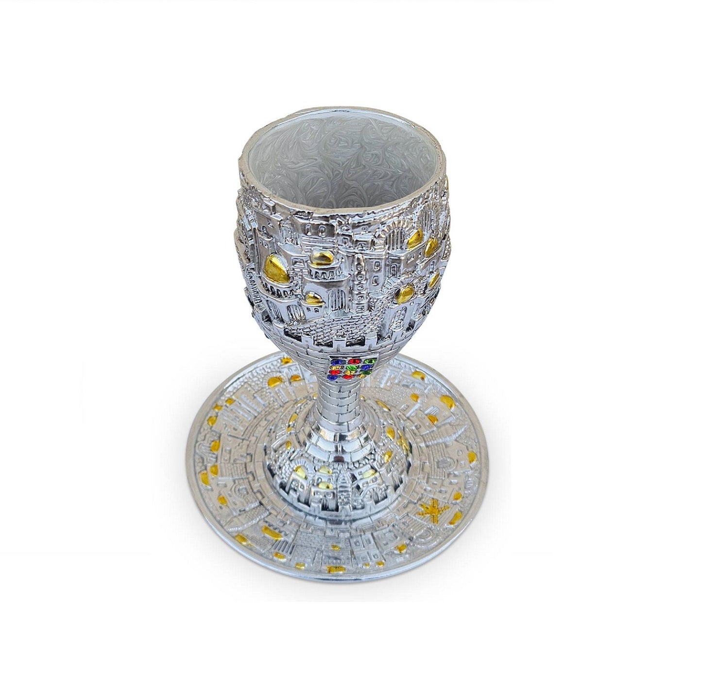 Kiddush Cup Jewish Goblet Chalice Silver Plated & Plate Jerusalem Design With Stones of the Breastplate