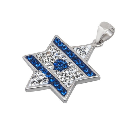 Star Of David  Magen David Silver Pendant Design As Israel Flag With Zircons + Chain