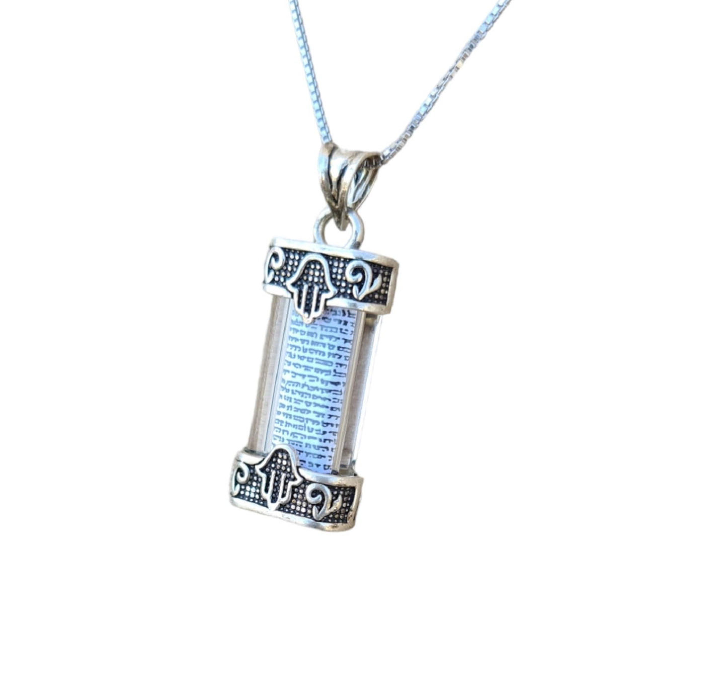 Mezuzah Necklace  Pendant & Evil Eye Hamsa Hand  925 Silver With shema israel Jewish prayer Scroll Plus Chain