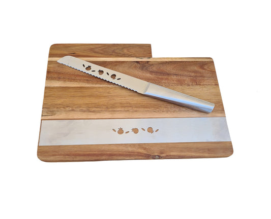 Challah Board, Wood Bread Board With Bread Knife For Shabbat Engraved With Pomegranates