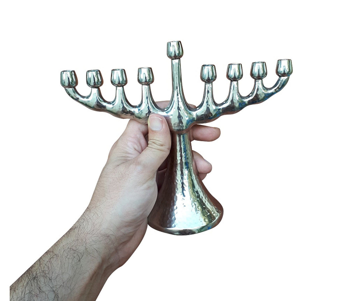 Hanukkah Menorah 7 Inch Height, Jewish Hanukkiah 9 Branch Menorah, hammered Design Hanukkiah