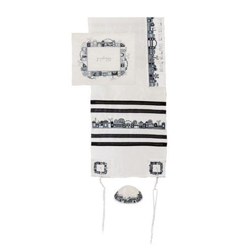 Tallit Prayer Shawl 100% Kosher Tallis Embroidered With Old City oF Jerusalem Include Matching Bag & yarmulka, black and gray