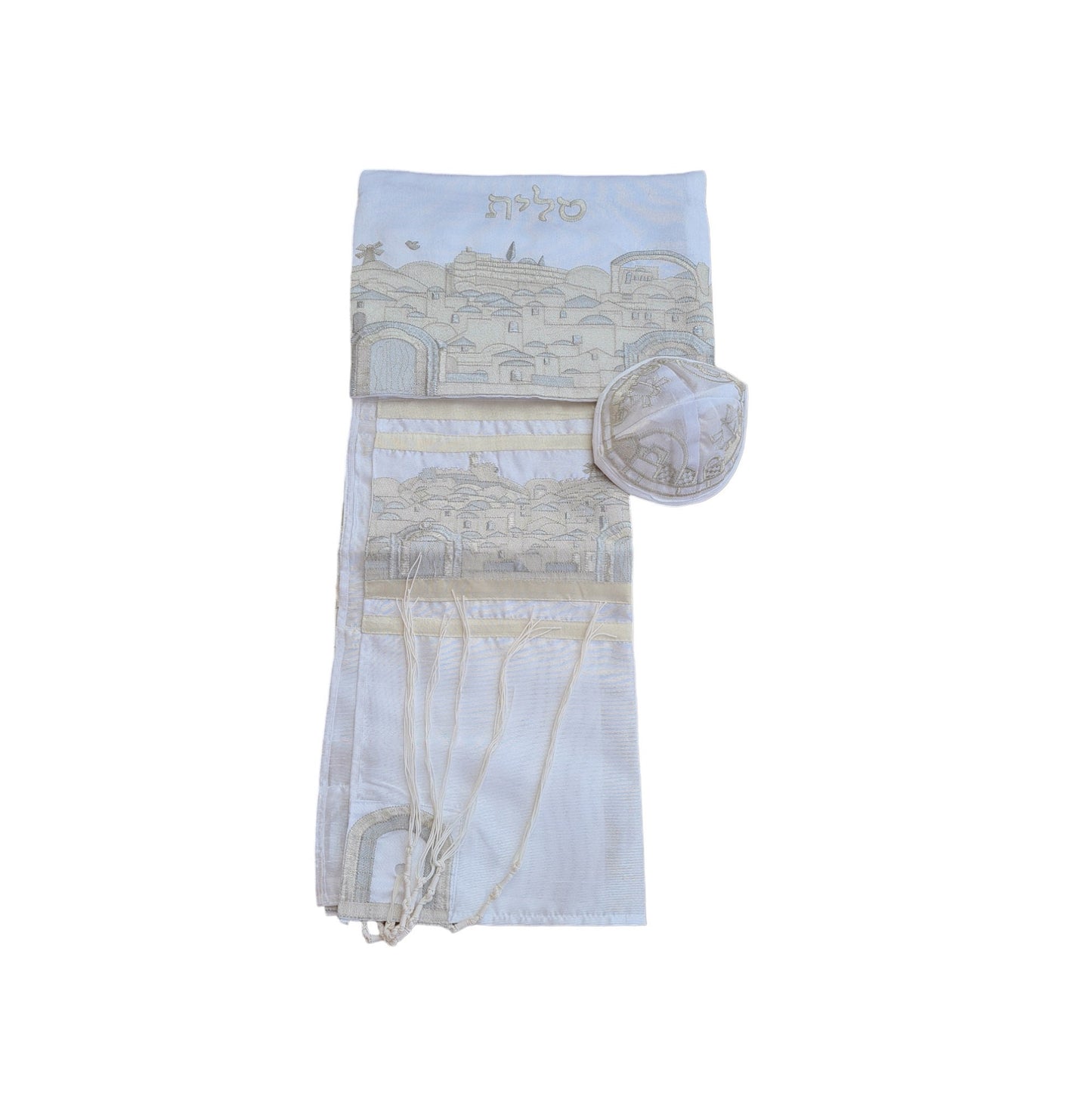 Tallit Prayer Shawl For Women 100% Kosher Embroidered With The View Of Jerusalem Include Matching Bag & yarmulka