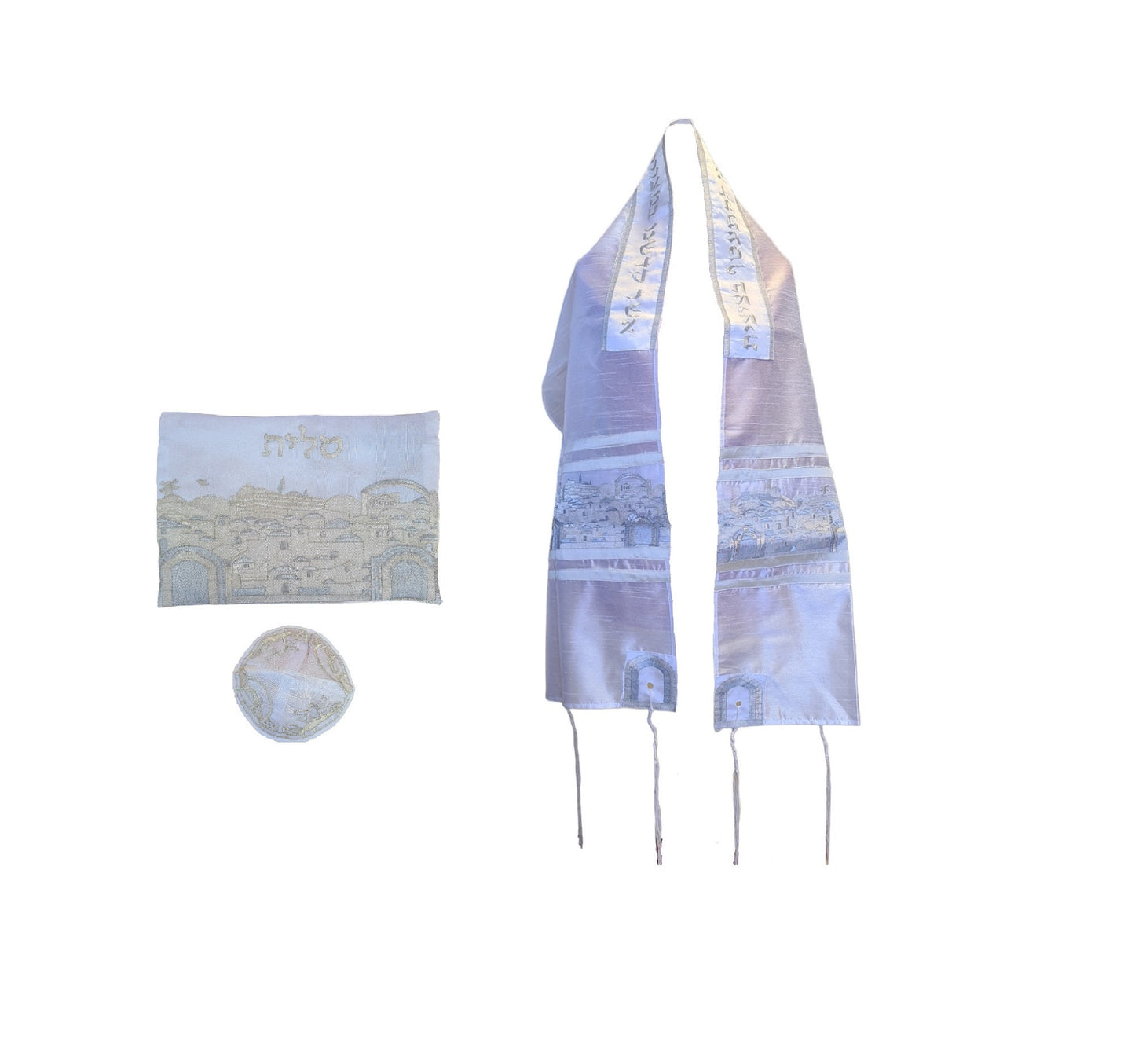 Tallit Prayer Shawl For Women 100% Kosher Embroidered With The View Of Jerusalem Include Matching Bag & yarmulka