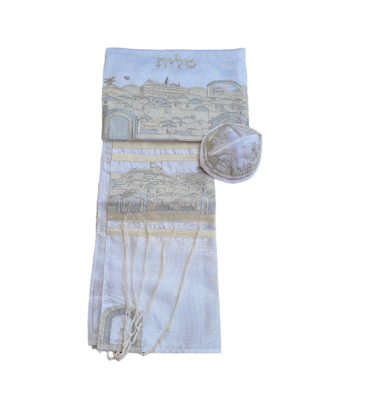 Tallit Prayer Shawl For Women 100% Kosher Embroidered With The View Of Jerusalem Include Matching Bag & yarmulka