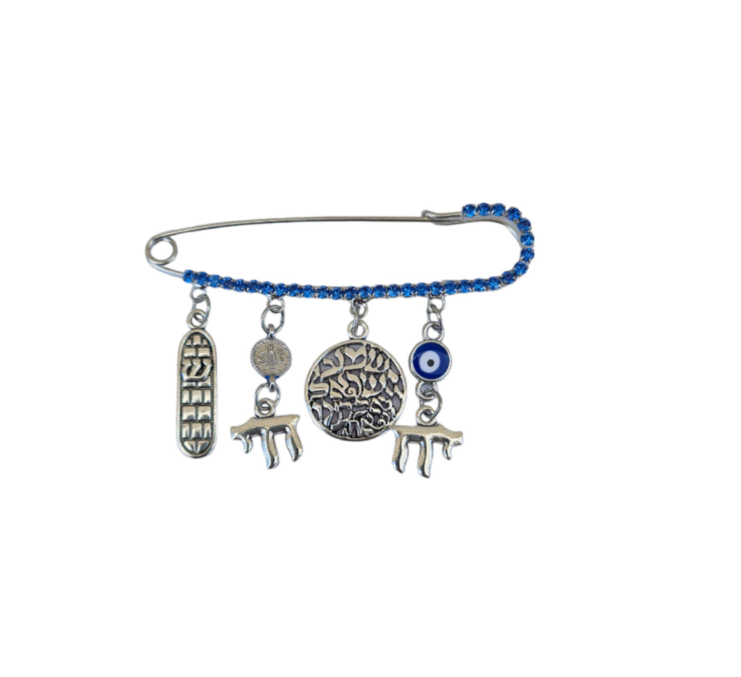 Baby Boy / Girl Safety Pin With Kabbalah Charms: Mezuzah / Shema Israel / Chai, For Baby Carriage