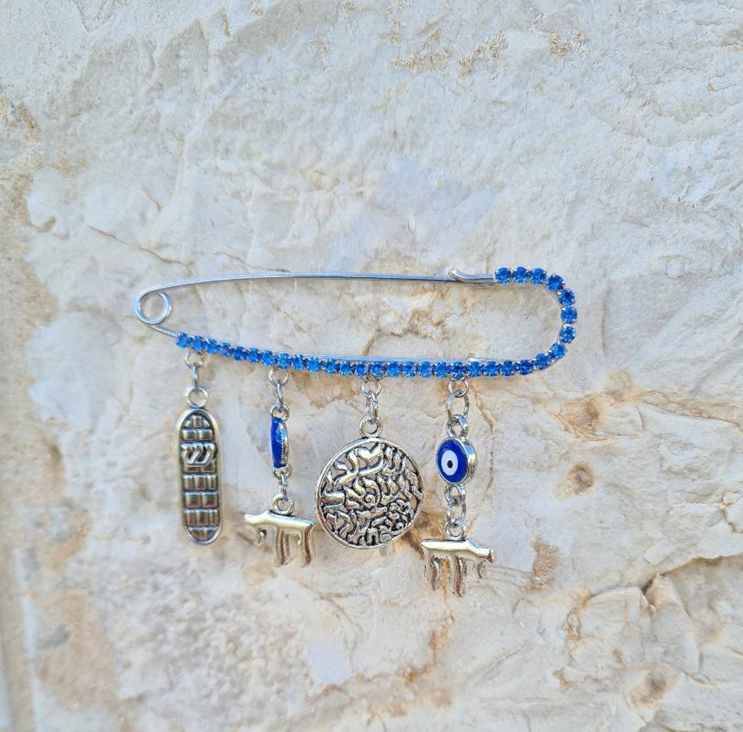 Baby Boy / Girl Safety Pin With Kabbalah Charms: Mezuzah / Shema Israel / Chai, For Baby Carriage