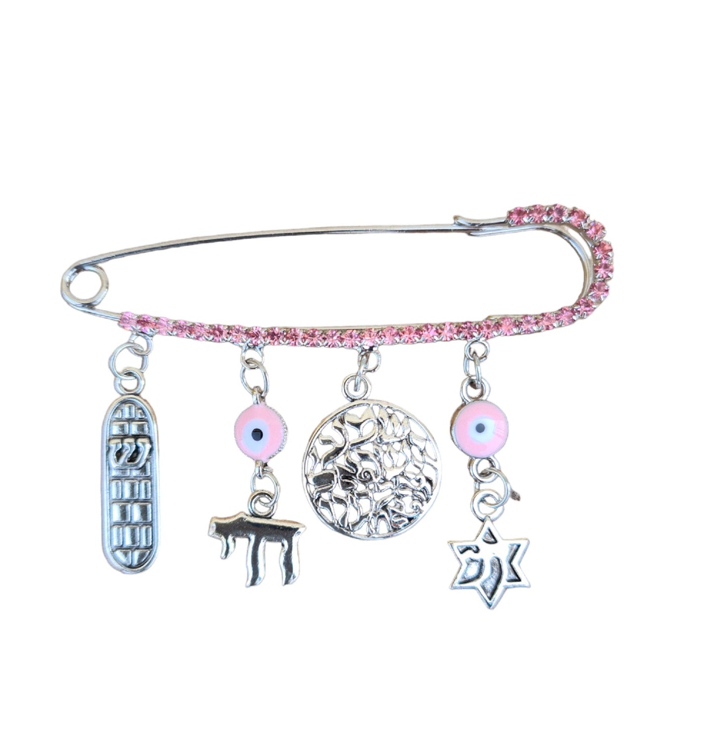 Baby Boy / Girl Safety Pin With Kabbalah Charms: Mezuzah / Shema Israel / Chai, For Baby Carriage