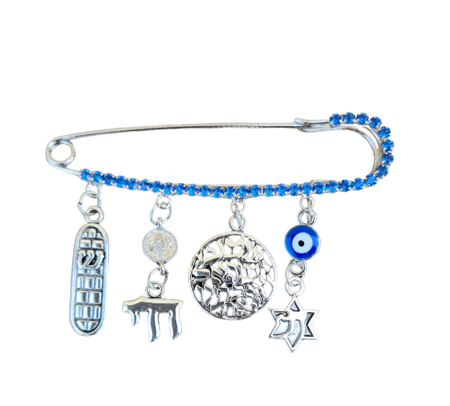 Baby Boy / Girl Safety Pin With Kabbalah Charms: Mezuzah / Shema Israel / Chai, For Baby Carriage