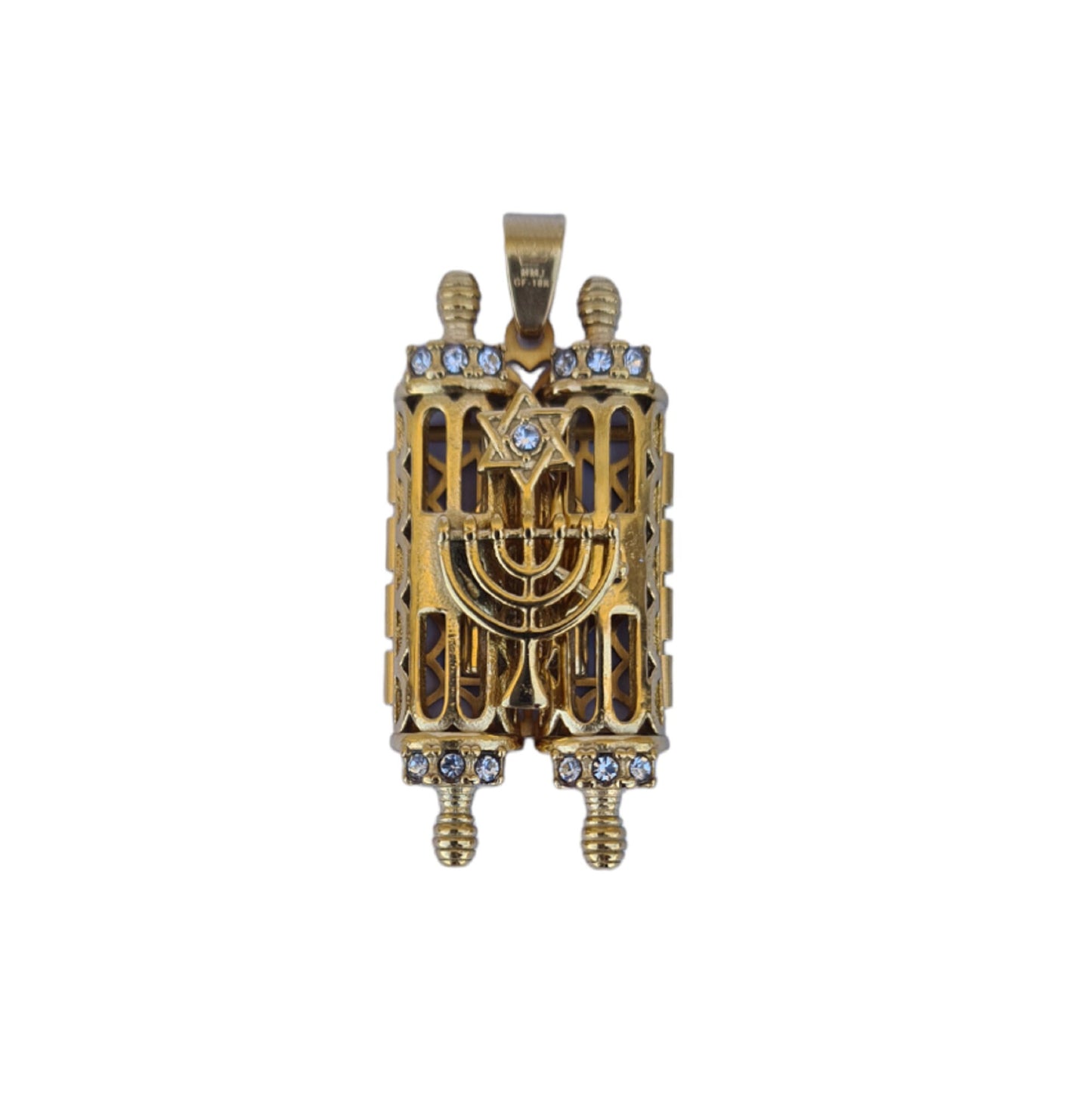 Opening Torah Necklace Pendant Gold filled with White Zircons Menorah & David Star