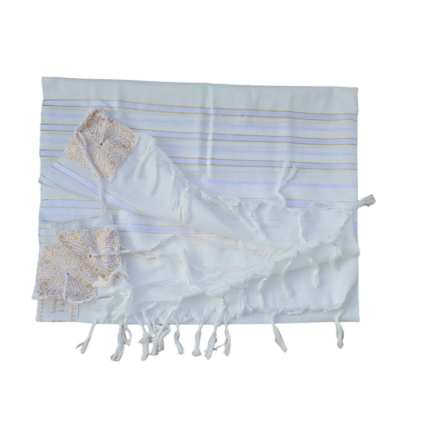 Men KosherTallit Prayer Shawl, White/Gold Stripes Tallis Made In Israel