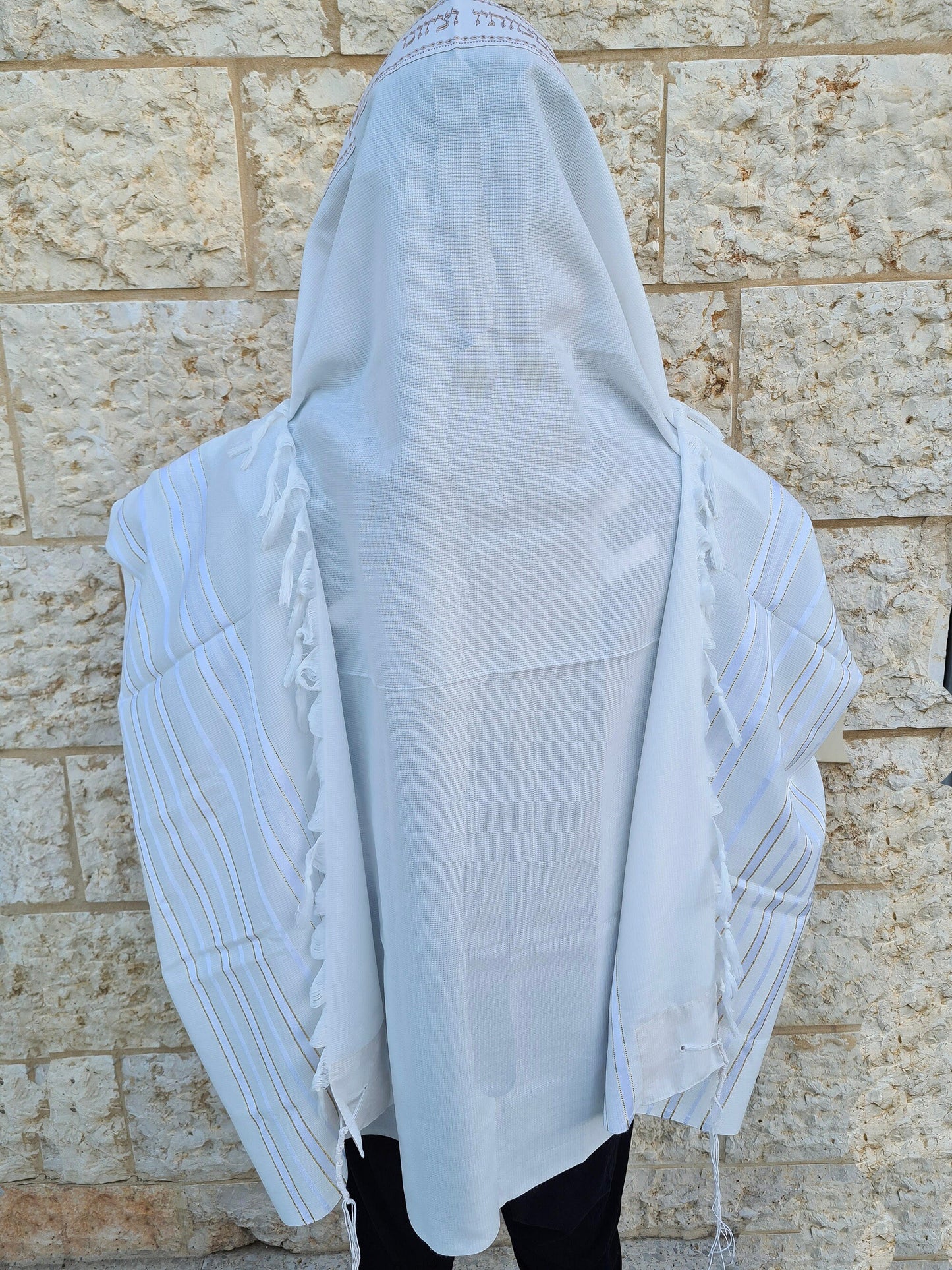 Jewish Bar Mitzvah Tallit Prayer Shawl 100% Kosher, White/Gold Stripes Tallis Made In Israel