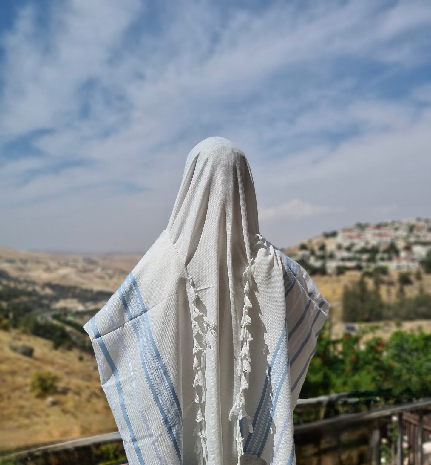 Jewish Tallit For Bar Mitzvah / Wedding Men Prayer Shawl 100% Kosher, Light Blue/Silver Stripes Tallis Made In Israel