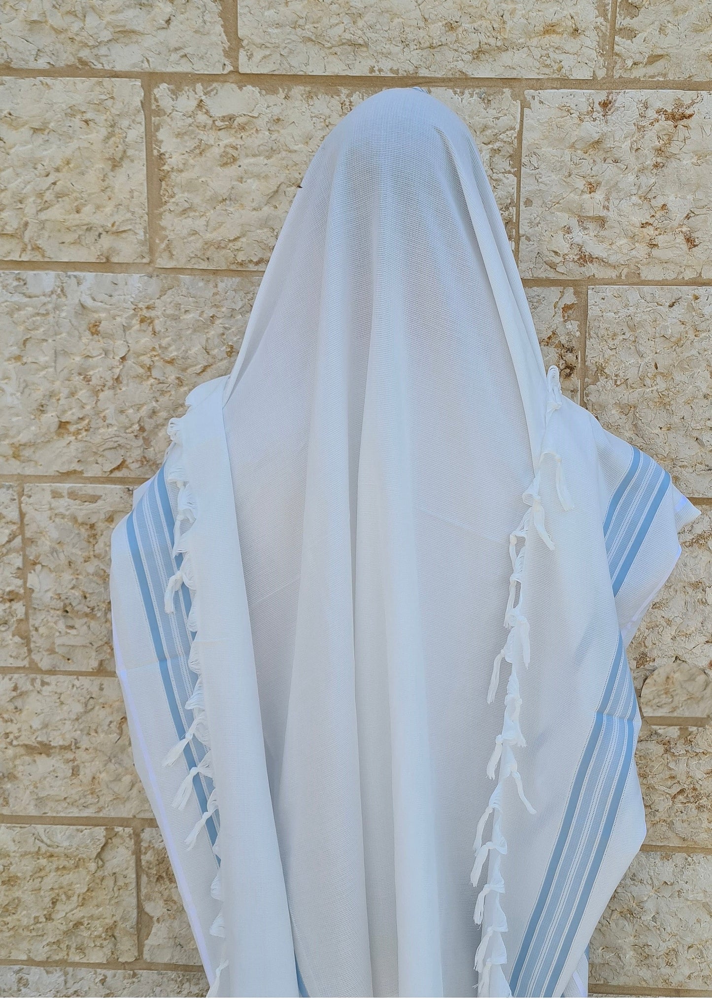 Jewish Tallit For Bar Mitzvah / Wedding Men Prayer Shawl 100% Kosher, Light Blue/Silver Stripes Tallis Made In Israel