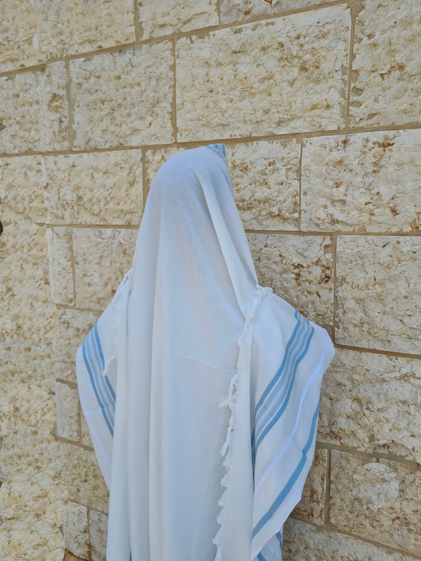 Jewish Tallit For Bar Mitzvah / Wedding Men Prayer Shawl 100% Kosher, Light Blue/Silver Stripes Tallis Made In Israel