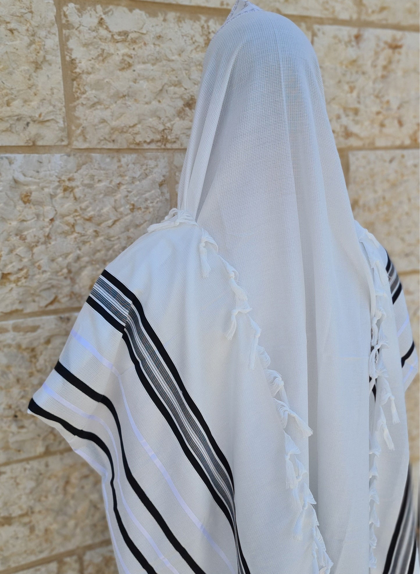 Jewish Tallit For Bar Mitzvah / Wedding Men Prayer Shawl 100% Kosher, Black/Silver  Stripes Tallis Made In Israel