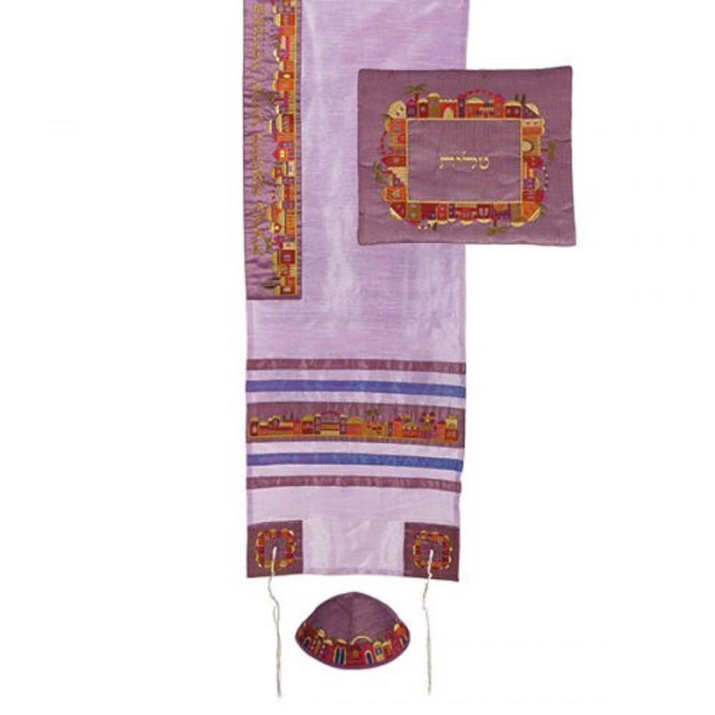 Tallit Prayer Shawl 100% Kosher Embroidered With City Of Jerusalem Include Matching Bag & yarmulkaת Purple color