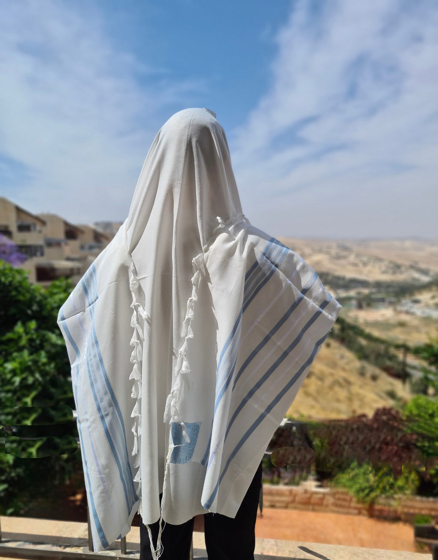 Jewish Tallit For Bar Mitzvah / Wedding Men Prayer Shawl 100% Kosher, Light Blue/Silver Stripes Tallis Made In Israel