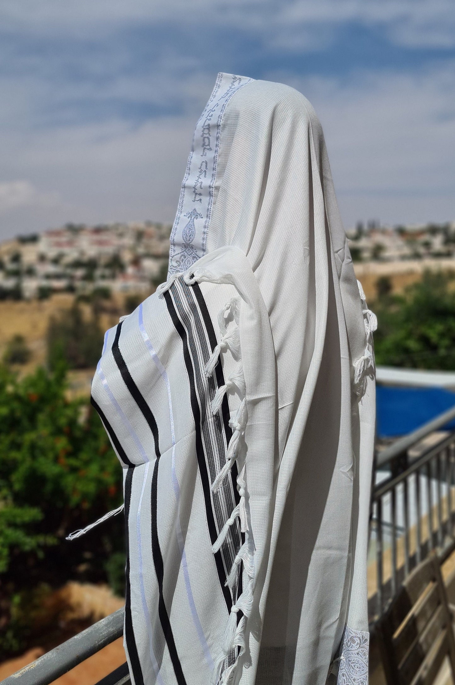 Jewish Tallit For Bar Mitzvah / Wedding Men Prayer Shawl 100% Kosher, Black/Silver  Stripes Tallis Made In Israel