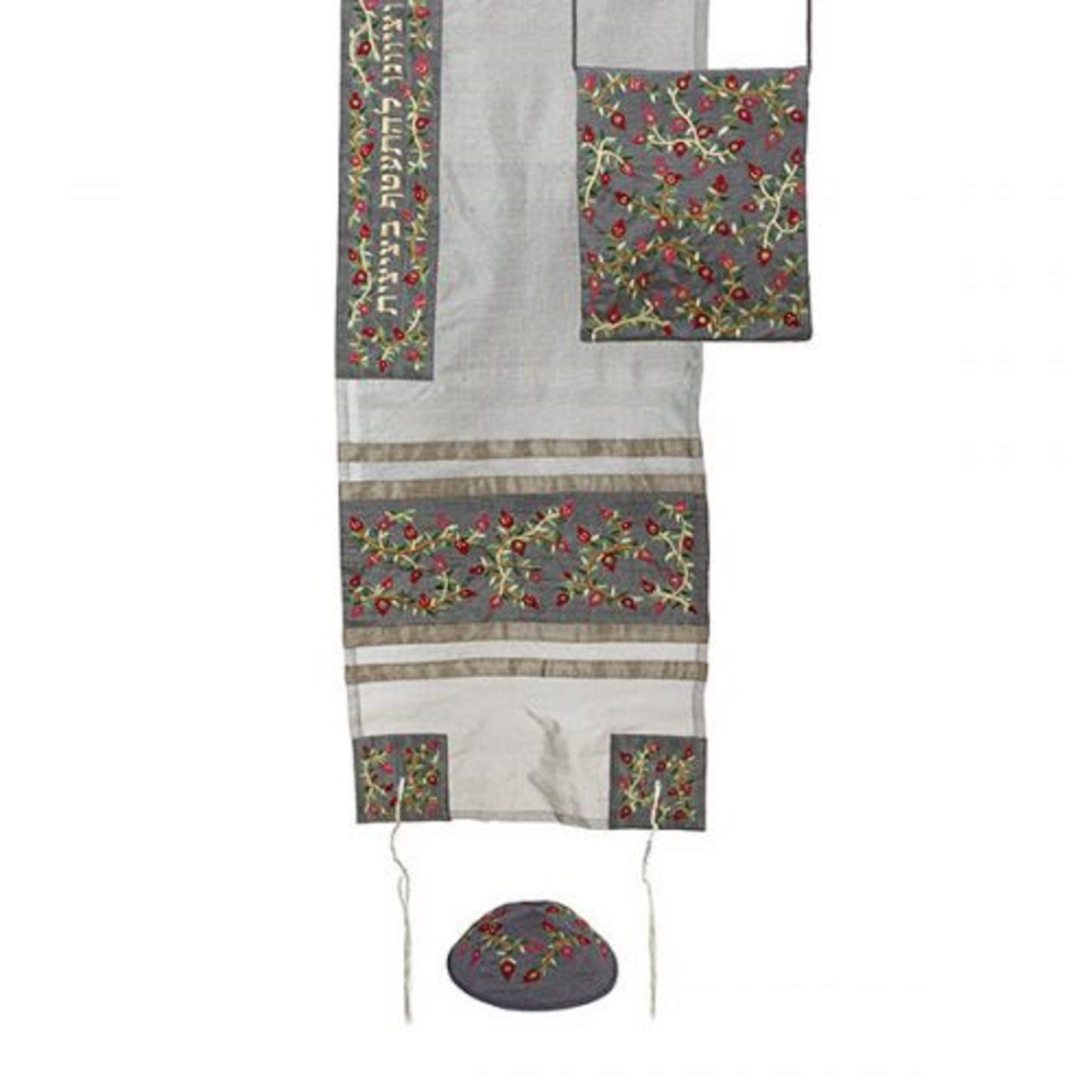 Women Tallit Prayer Shawl  100% Kosher Embroidered With pomegranates Include Matching Bag & yarmulka, Gray Color