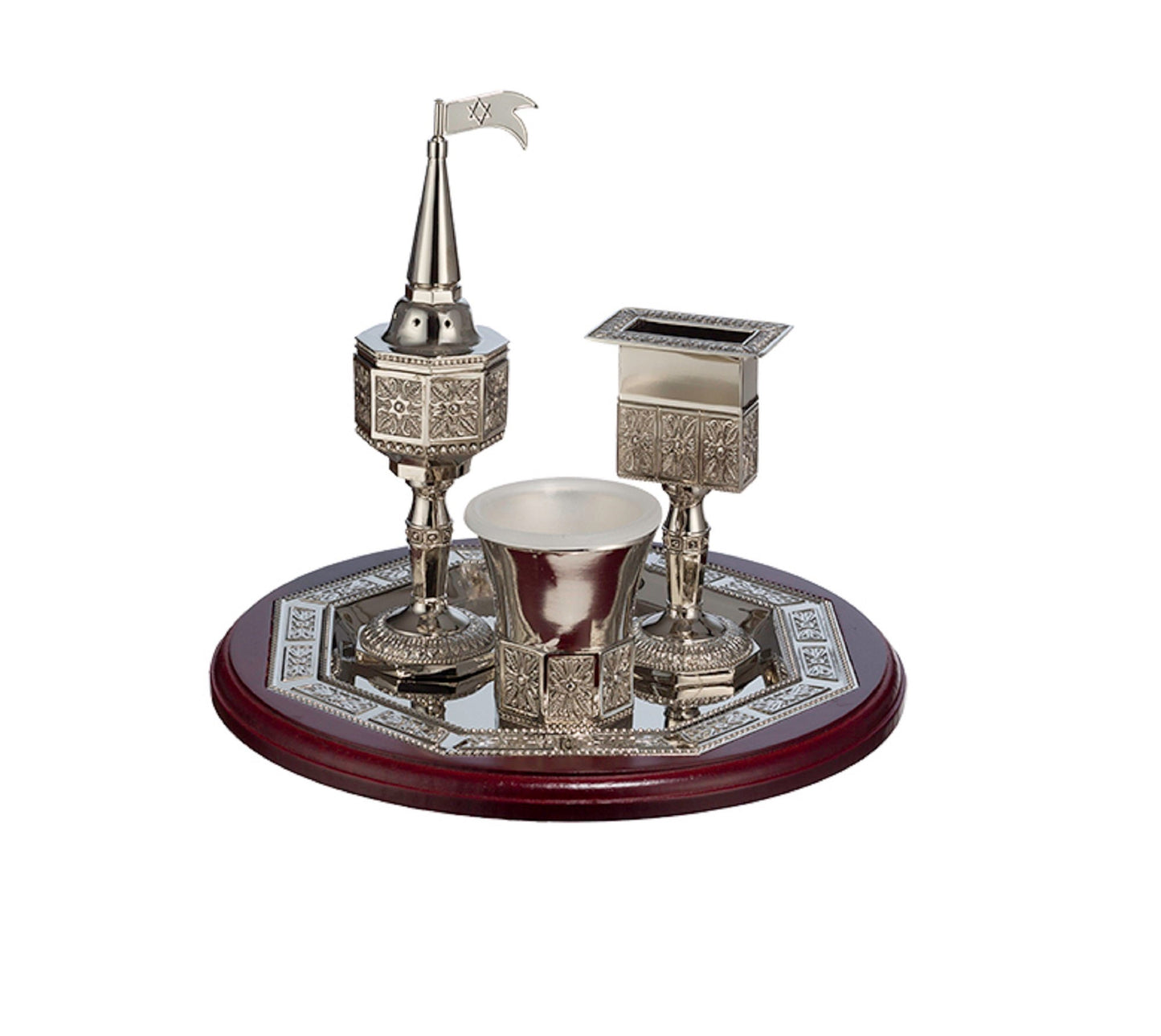 Havdalah Set,Nickel Coated And Wood, Havdallah candle Holder, Besamim Box And Wine Cup & Tray