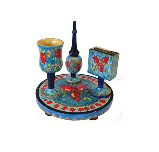 Havdalah Set, pomegranates Painted , Wood Hvdalah Set Havdallah candle Holder, Besamim Box And Wine Cup & Tray, Jerusalem Painted