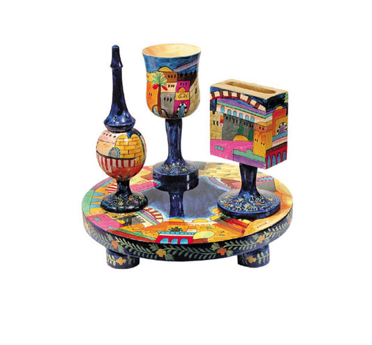 Havdalah Set, Painted Wood Set , Havdallah candle Holder, Besamim Box And Wine Cup & Tray, Jerusalem Painted