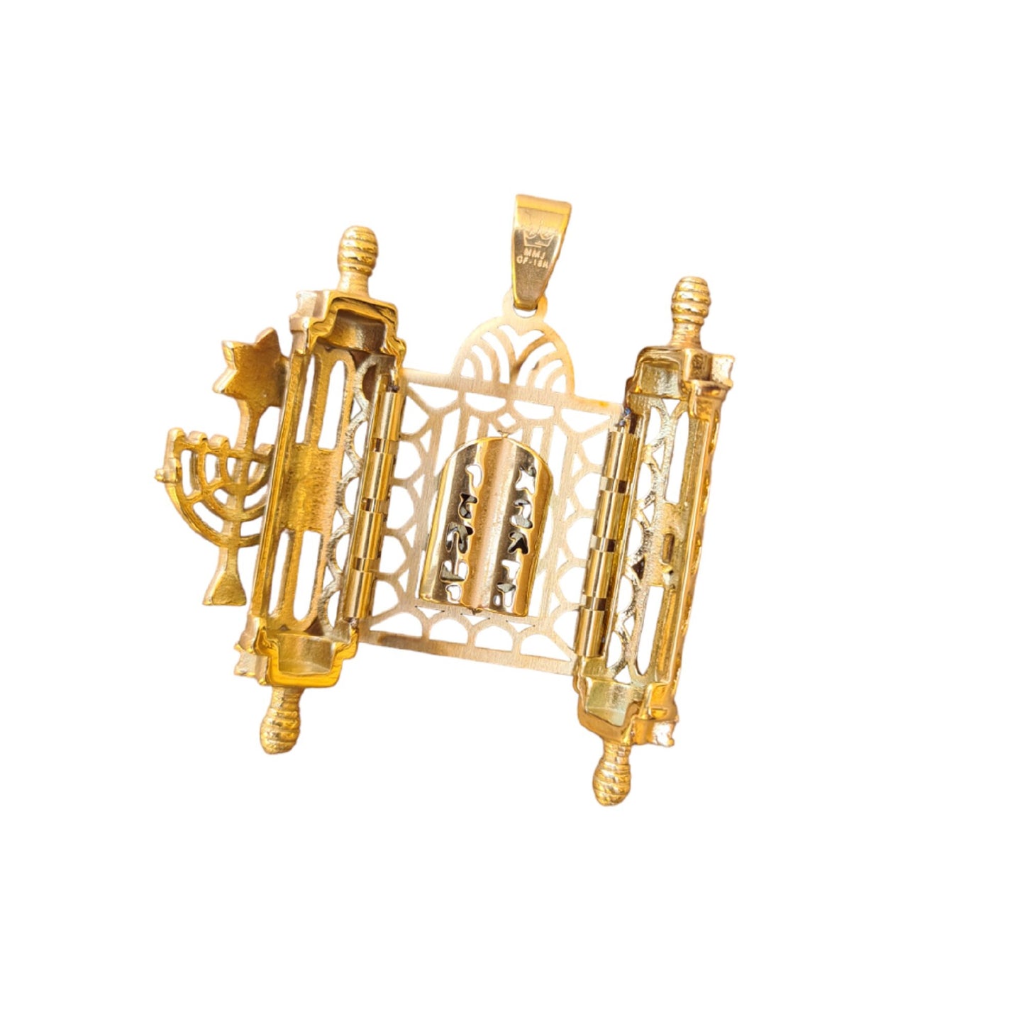 Opening Torah Necklace Pendant Gold filled with White Zircons Menorah & David Star