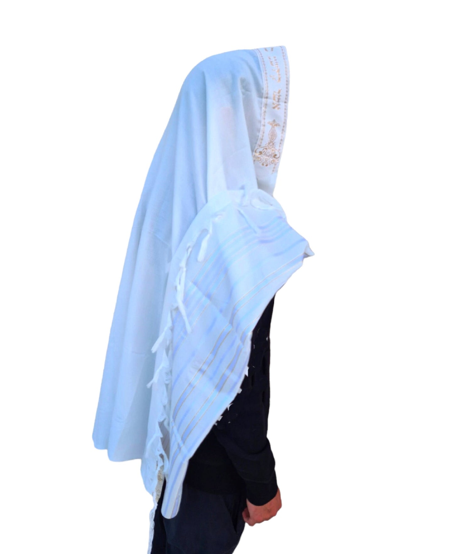 Men KosherTallit Prayer Shawl, White/Gold Stripes Tallis Made In Israel