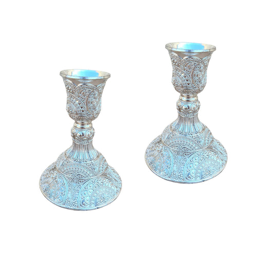 Sabbath Candlesticks Silver Plated filigree Design Pair Of Candle Holder For Shabbat Table - 4 Inch Height