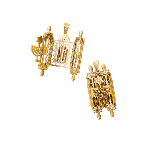 Opening Torah Necklace Pendant Gold filled with White Zircons Menorah & David Star