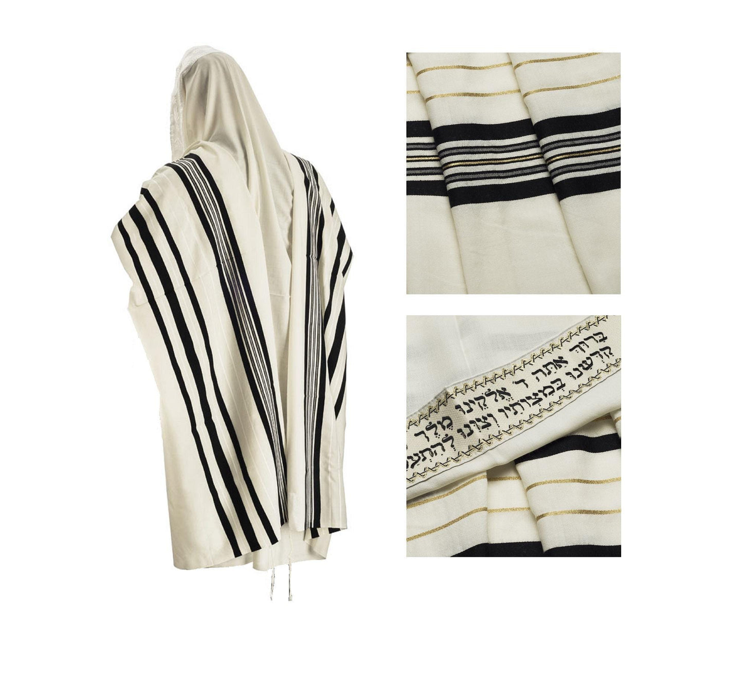 100% Wool Tallit Bar Mitzvah / Wedding Tallit Kosher Prayer Shawl, Black/Gold Stripes Tallis Made In Israel