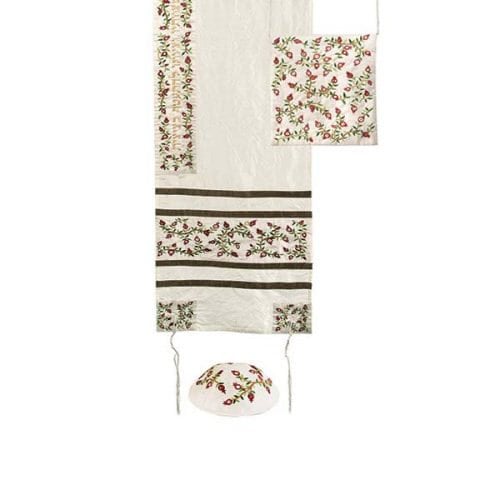 Women Tallit Prayer Shawl  100% Kosher Embroidered With pomegranates Include Matching Bag & yarmulka, White Color