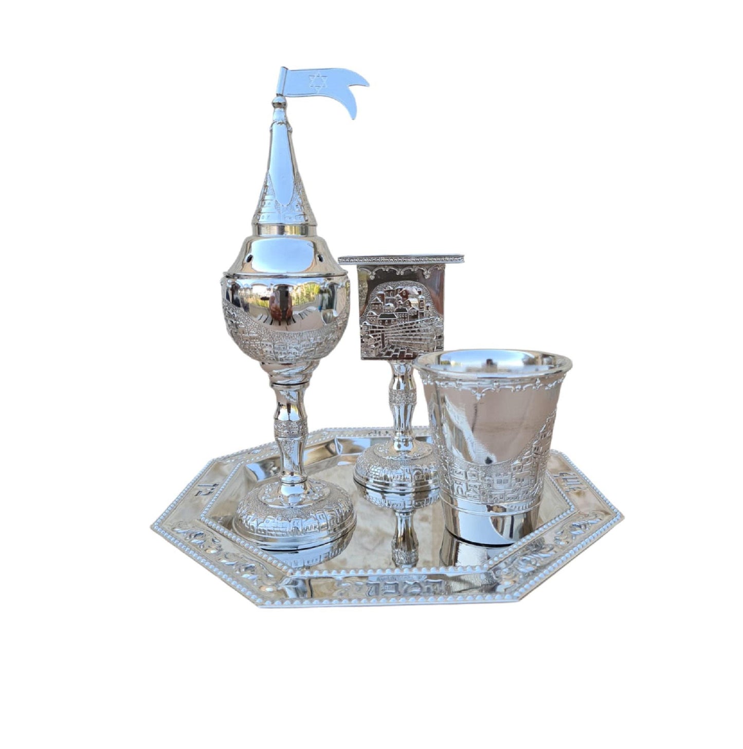 Havdalah Set,Nickel Coated , Havdallah candle Holder, Besamim Box And Wine Cup & Tray