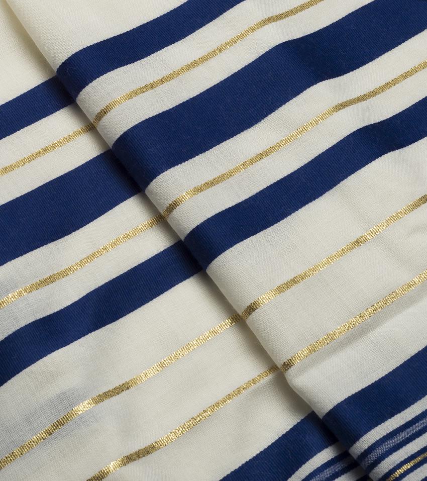 100% Wool Tallit Bar Mitzvah / Wedding Tallit Kosher Prayer Shawl, Blue/Gold Stripes Tallis Made In Israel