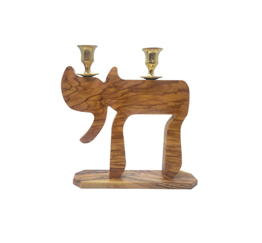 Olive Wood Shabbat Candle Holder Chai Shape