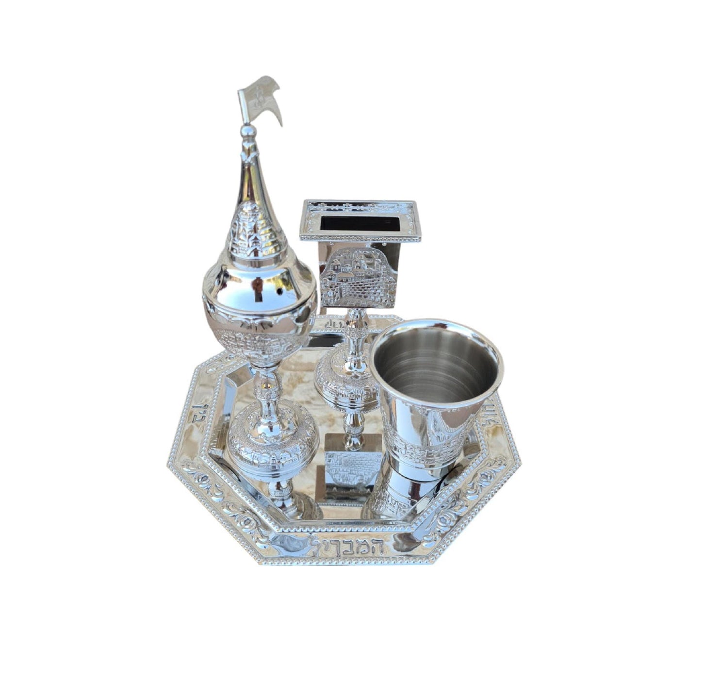 Havdalah Set,Nickel Coated , Havdallah candle Holder, Besamim Box And Wine Cup & Tray