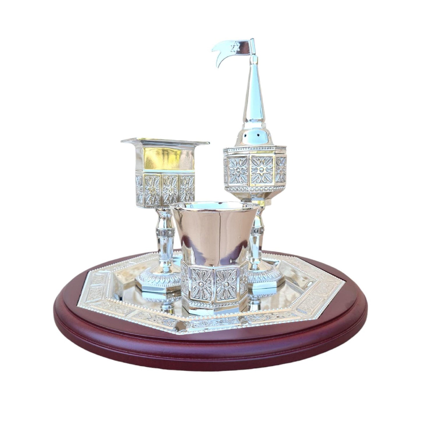 Havdalah Set,Nickel Coated And Wood, Havdallah candle Holder, Besamim Box And Wine Cup & Tray