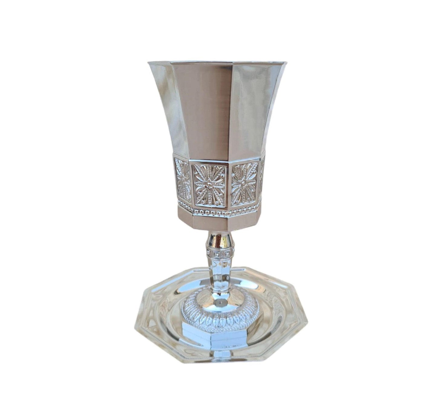 Jewish Kiddush Cup Goblet, Engraved with Heaven Rivers Names, With Matching Plate