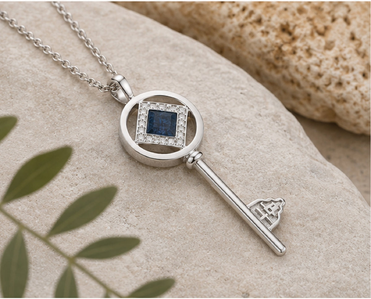 Sterling Silver Key of Faith Necklace with Nano Prayer Chip & Lab-Grown Diamonds