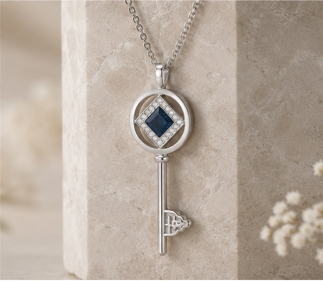 Sterling Silver Key of Faith Necklace with Nano Prayer Chip & Lab-Grown Diamonds